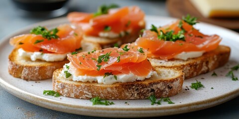 Delicious smoked salmon appetizers served on toasted bread with cream cheese and herbs