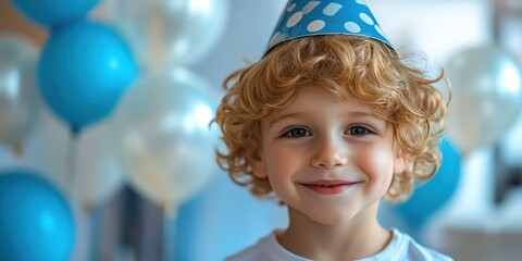 Smiling child wearing blue party hat surrounded by balloons during birthday celebration at home