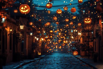 Obraz premium • Halloween night street filled with floating candy and jack-o'-lantern lights 
