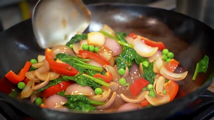 Vibrant Stir Fry of Red Pepper Onion and Spinach in a Wok - Powered by Adobe