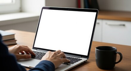 Person working on a laptop with a blank white screen in a bright office environment with coffee