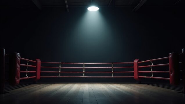 Ring de boxeo en un gimnasio vac&iacute;o. Cuerdas rojas, esquinas acolchadas, foco en la parte superior. Fondo oscuro, ambiente de entrenamiento intenso, sin p&uacute;blico