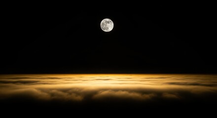 Full moon shining brightly above a sea of golden clouds creating a serene and ethereal night landscape