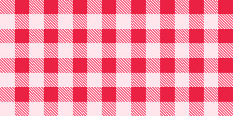 Seamless gingham checkered pattern. Vichy wallpaper, tartan background  with squares and diagonal hatch details. Classic picnic plaid cover in coral red color.