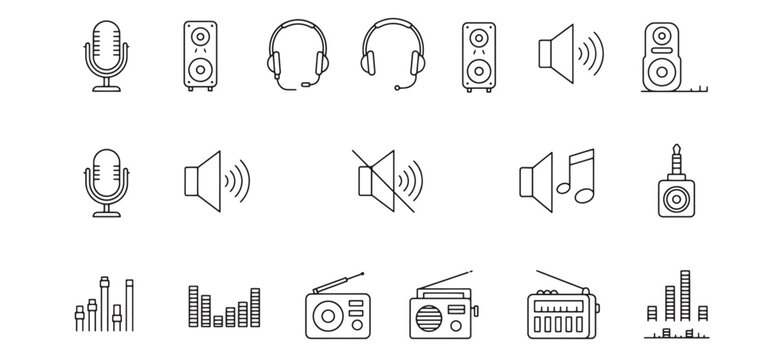 Collection of audio and sound related icons in a modern linear style