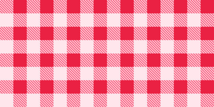 Seamless gingham checkered pattern. Vichy wallpaper, tartan background  with squares and diagonal hatch details. Classic picnic plaid cover in coral red color.