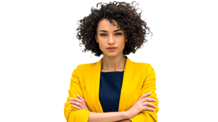 Confident woman in yellow blazer with curly hair