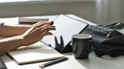 Hands using digital tablet on desk with notebook and coffee mug - Powered by Adobe