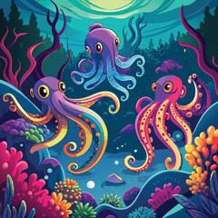 Obraz premium Colorful seamless fish pattern design with vintage animal and sea elements