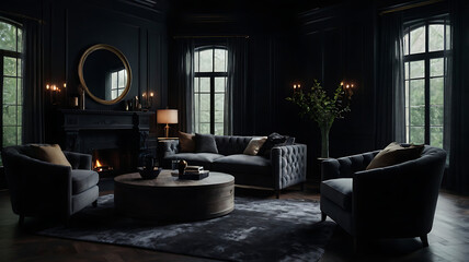 Dark moody living room design