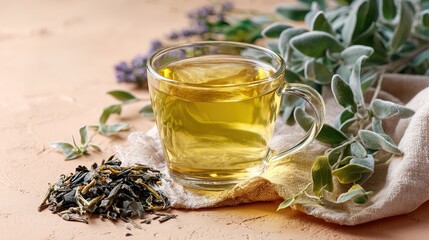 Fototapeta premium A clear glass cup with green tea sits beside loose tea leaves and fresh herbs on a textured surface, evoking a sense of relaxation and wellness.