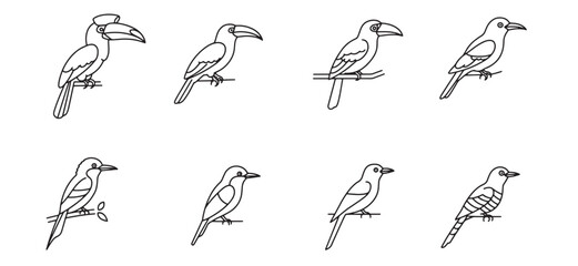 Naklejka premium Collection of different bird illustrations perched on branches depicted in simple line art style