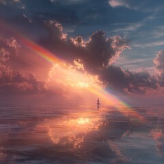 Fototapeta premium Dreamy sunset backdrop with jet sailing above glowing clouds and prism reflections