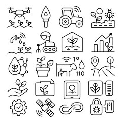 A visually appealing line art depicting the interconnected facets of modern agriculture, a glimpse into the technologies reshaping farming practices.