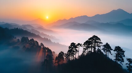 Sunrise Over Misty Mountain Forest Landscape with Silhouetted Trees