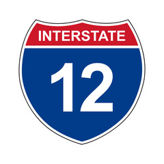 Interstate 12. Interstate highway sign. Road number. Signpost indicating route numbers in the U.S. Interstate Highway System. Even numbers run west to east. Odd numbers run north to south.