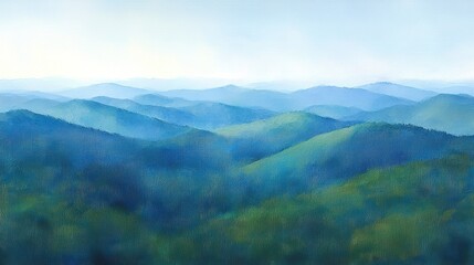 Misty mountain range panorama.  Softly painted, layered hills of varying shades of blue and green, stretching into the distance under a light, hazy sky