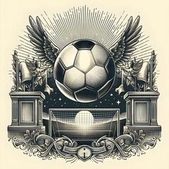 Vintage Engraved Soccer Ball and Goalpost Illustration on White Background.