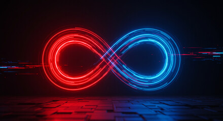 Dynamic infinity loop pulses with vibrant red and blue neon light, symbolizing endless possibilities. AI generative image
