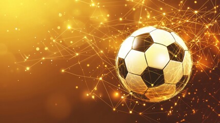 Naklejka premium Futuristic soccer ball illustration with network connection and golden background