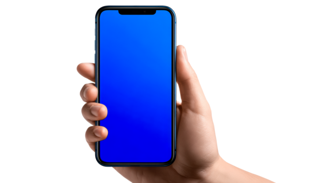 Smartphone held in hand with blue gradient screen background