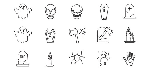 Set of halloween icons in black and white featuring skulls ghosts and spiders