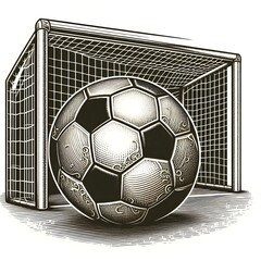 Classic Soccer Ball with Goalpost Sketch in Vintage Etching Style.