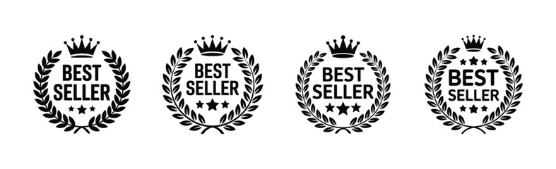 Best Seller Vector Badges with Laurel Wreath, Crown, and Stars.