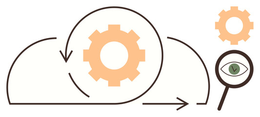 Gear inside cloud with arrows, magnifying glass with eye and check mark. Ideal for process management, cloud computing, quality assurance, development cycle, innovation, teamwork, simple flat