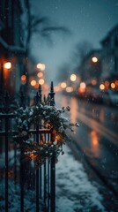 Snowy, wintry street scene with garland