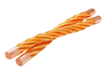 Twisted copper wire with orange insulation.  Two strands of copper wire, twisted together, are encased in an orange plastic insulation.  Ends are copper-colored