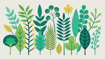 Vector art of collection of various green leaves and plants in flat design