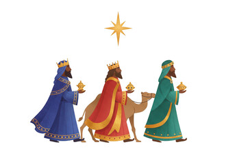 Fototapeta premium Illustration of the Three Wise Men Following the Star with Gifts