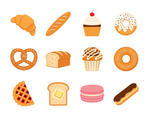 Set of Bakery and Pastry Vector Icons, with Croissant, Bread, Donut, and Sweet Desserts.
