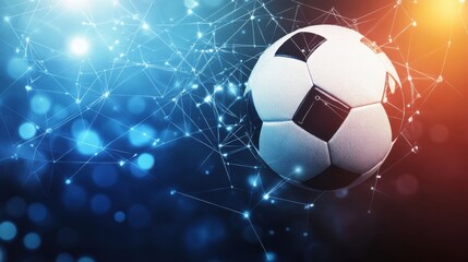 Futuristic soccer ball surrounded by digital network communication lines