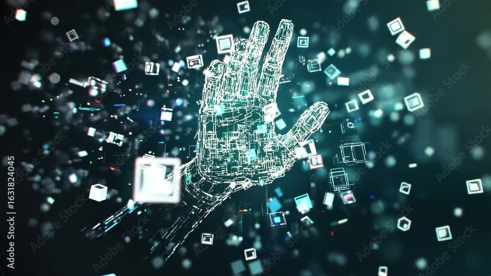 Poster futuristic digital hand of glowing particles and geometric shapes an abstract design representing te
