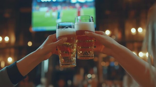 Cheering with beers at a sports bar with football on screen