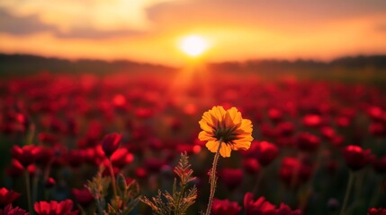 Fototapeta premium Single yellow flower stands out in a field of red flowers at sunset.