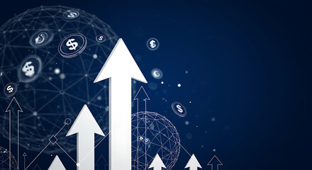 White arrows symbolizing financial growth and upward trends within a global digital network of currency symbols on a dark blue background.
