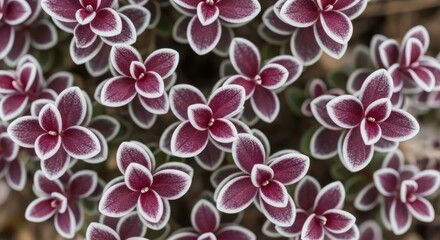 Close up of purple saxifraga flowers with white edges creating a beautiful natural pattern