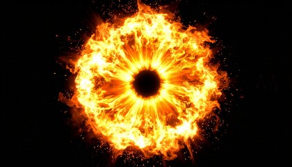 A dynamic fire burst effect with intense flames and sparks radiating outward, set against a dark background.