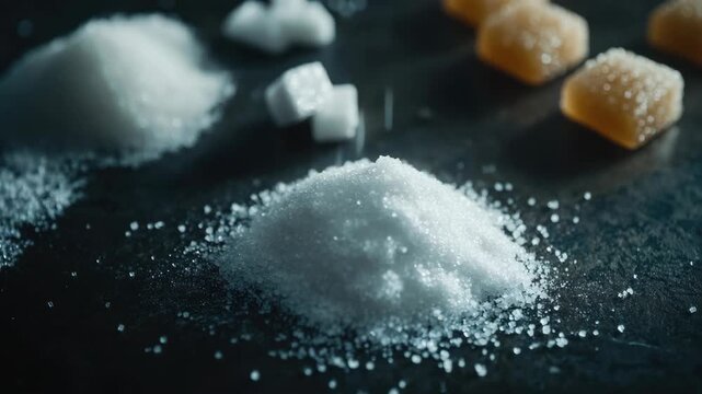 Two types of granulated sugar, sugar cubes and salt spread out on a table.