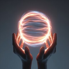 Neon-lit hands holding orb glowing with innovation energy