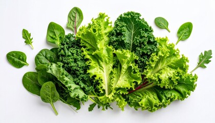 Obraz premium Top-down view of a loose bundle of fresh leafy greens including lettuce, kale, and spinach, showcasing vibrant textures and rich green hues on a clean white background. 