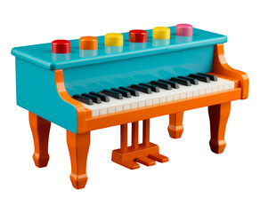 Fototapeta premium Bright Orange and Turquoise Toy Piano with Black and White Keys, 3D Realism Design Element with Transparent Background