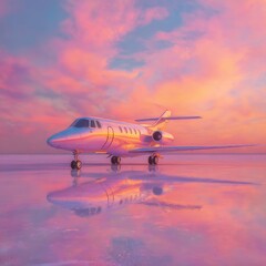 Obraz premium Peaceful sunset scene with private jet shimmering in iridescent gradient