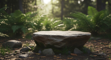 Mystical forest clearing with a stone platform bathed in soft, dappled sunlight through ferns and