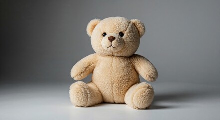 Obraz premium Cute Plush Teddy Bear Soft Toy Sitting on Gray Background for Children's Room Decor