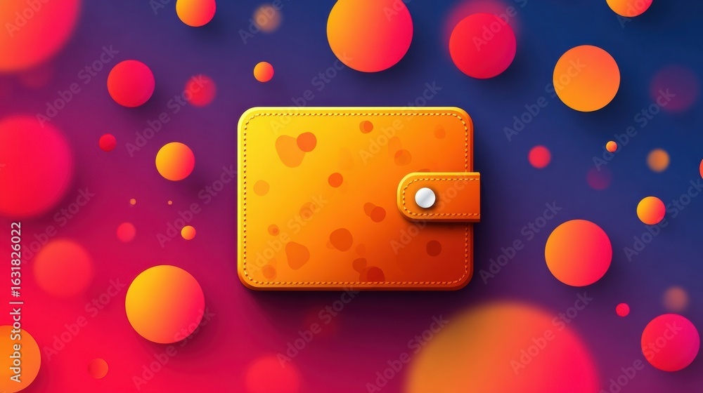Poster vibrant orange wallet surrounded by colorful abstract circles on a gradient background