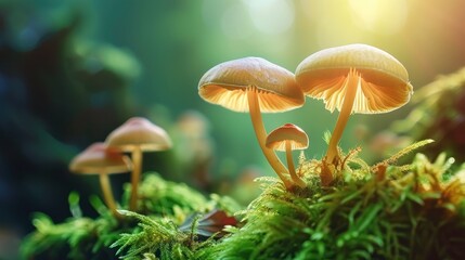 Fototapeta premium Mystical mushroom cluster illuminated by dappled sunlight in forest ambiance